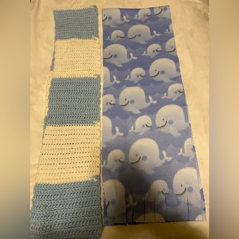 Bundle of 2: Baby Blue Scarves; blue and white handmade knit 58” Whales 56”